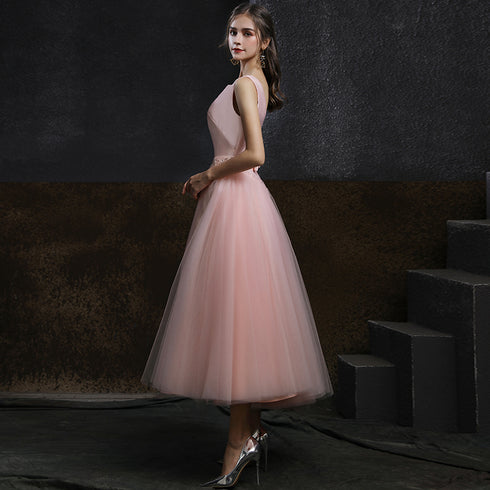 Pink Satin and Tulle V Back Tea Length Party Dress, Pink Wedding Party Dresses