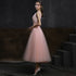 Pink Satin and Tulle V Back Tea Length Party Dress, Pink Wedding Party Dresses