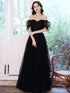 Black Off Shoulder Tulle Long Party Dress, Black A-line Long Prom Dress