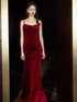 Wine Red Velvet Mermaid Straps Long Party Dress 2022, Burgundy Bridesmaid Dresses