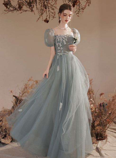 Light Green Short Sleeves Tulle Floor Length Party Dress, A-line Evening Formal Gown