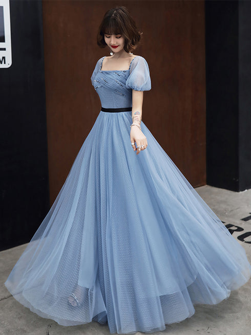 Blue Tulle Short Sleeves Long Party Dress, A-line Blue Prom Formal Dress
