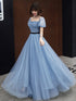 Blue Tulle Short Sleeves Long Party Dress, A-line Blue Prom Formal Dress