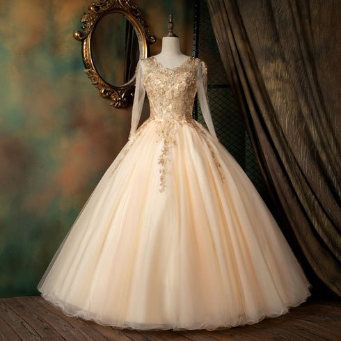 Beautiful Pearl Pink Long Sleeves Formal Dress with Lace Applique, Pink Formal Gown