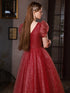Wine Red Tulle Shiny Tulle V-neckline Lace-up Prom Dress, Wine Red Formal Dress