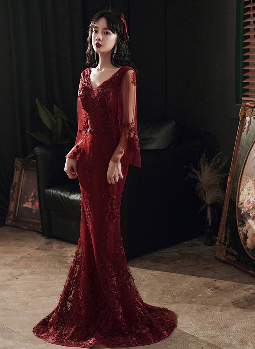Wine Red Mermaid Long Prom Dress with Lace, V-Neckline Prom Dress US Size 20W / Wine Red