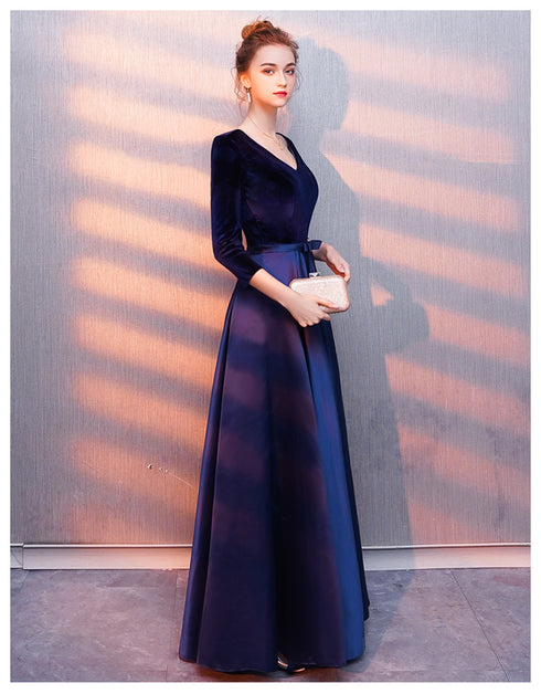Navy Blue V-neckline Satin and Velvet Bridesmaid Dress, Blue Wedding Party Dress