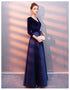 Navy Blue V-neckline Satin and Velvet Bridesmaid Dress, Blue Wedding Party Dress