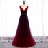 Gradient Beaded Wine Red Tulle Long Party Dress, A-line Wine Red Prom Formal Dresses