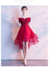 Red High Low Lace Flowers Tulle Off Shoulder Party Dress, Red Party Dress Formal Dresses