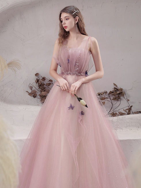 Pink Tulle with Beadings Spaghetti Strap Long Formal Dress, Pink Junior Prom Dress