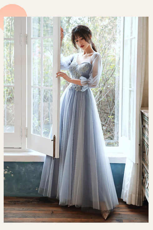 Light Blue Tulle Long Party Dress with Puffy Sleeves, Blue Evening Dress Prom Dress