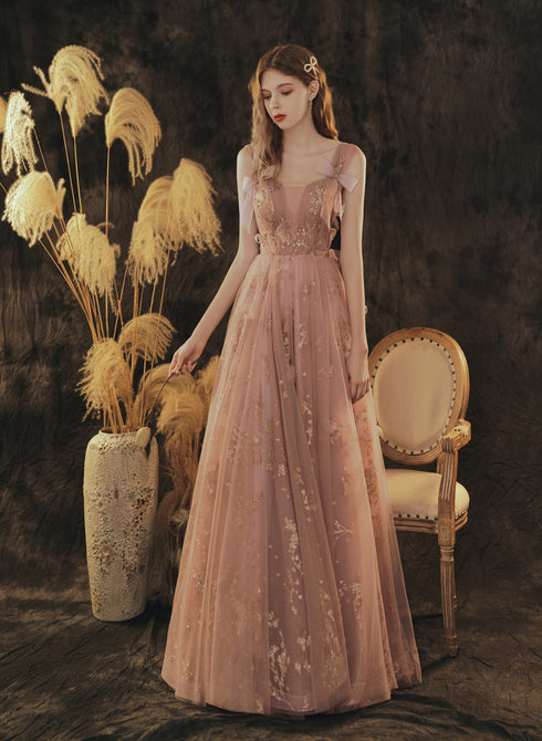Dark Pink Straps Tulle Long Lace Prom Dress, A-line Pink Formal Dress