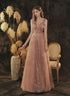 Dark Pink Straps Tulle Long Lace Prom Dress, A-line Pink Formal Dress