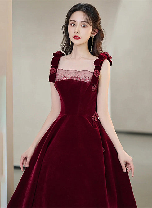 Wine Red Velvet Straps Flowers Lace-up Long Prom Dress, Wine Red Long Party Dress
