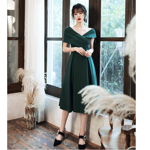 Green Off Shoulder Knee Length Bridesmaid Dress, Dark Green Short Party Dress Formal Dress