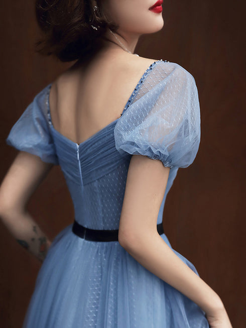 Blue Tulle Short Sleeves Long Party Dress, A-line Blue Prom Formal Dress