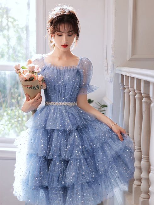 Cute Blue Layers Shiny Tulle Short Sleeves Party Dress, Blue Homecoming Dresses