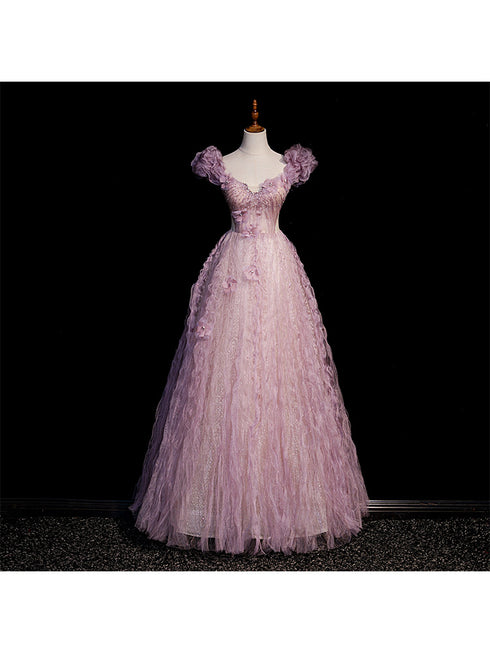 Pink Tulle Long Off Shoulder Party Dress with Flowers, Pink Evening Dress Prom Dress