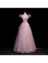 Pink Tulle Long Off Shoulder Party Dress with Flowers, Pink Evening Dress Prom Dress