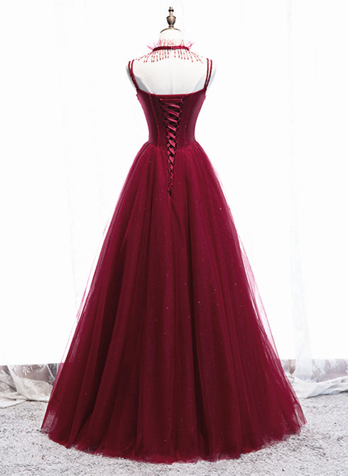Wine Red Beaded Straps Party Dress Prom Dress, Beaded Tulle Formal Dress