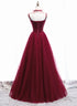 Wine Red Beaded Straps Party Dress Prom Dress, Beaded Tulle Formal Dress