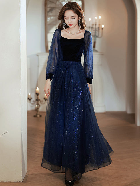 Navy Blue Tulle and Velvet Long Sleeves Party Dress, Simple A-line Prom Dress