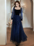 Navy Blue Tulle and Velvet Long Sleeves Party Dress, Simple A-line Prom Dress