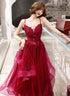 Wine Red Shiny Tulle Layers Straps Party Dress with Lace, V-neckline Prom Dress