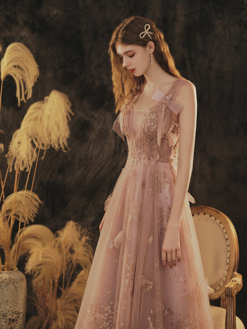 Dark Pink Straps Tulle Long Lace Prom Dress, A-line Pink Formal Dress
