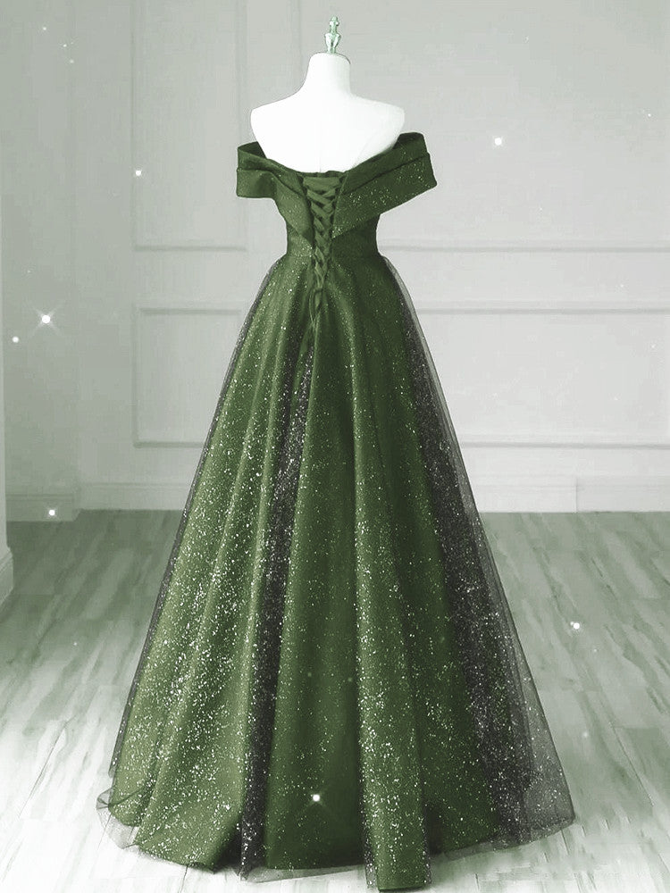 Dark Green and Black A-line Satin Long Party Dress, Simple Long Prom D