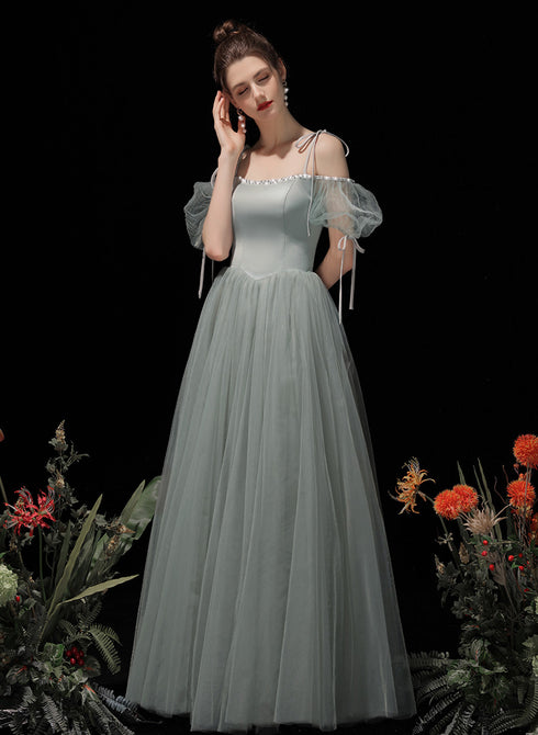 Light Green Tulle and Satin Party Dress, A-line Long Prom Dress Formal Dress