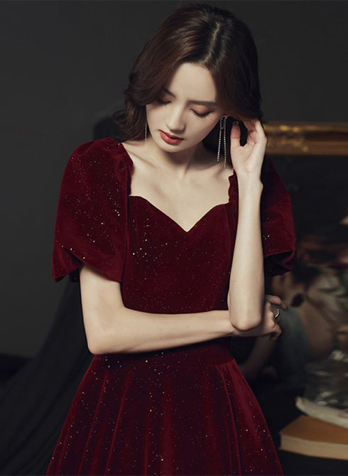 Wine Red Velvet Long Party Dress, Off Shoulder A-line Long Prom Dress