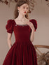 Wine Red Short Sleeves A-line Velvet Party Dress, Wine Red Bridesmaid Dress