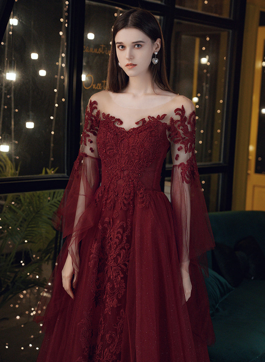 Wine Red Tulle with Lace Applique Long Party Dress, Wine Red Prom Dres