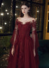 Wine Red Tulle with Lace Applique Long Party Dress, Wine Red Prom Dress