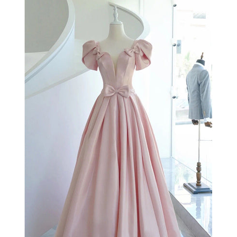 Pink Satin Long Short Sleeves Prom Dress Party Dress, Pink Formal Dress Wedding Party Dress