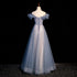 Beautiful Off Shoulder Puffy Sleeves Beaded Party Dress Prom Dress, Blue Evening Gown