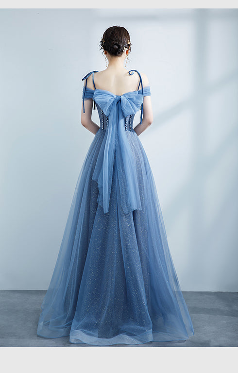 Blue Shiny Tulle Off Shoulder Beaded Straps A-line Party Dress, Blue Long Prom Dress