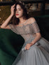 Beautiful Beaded Off Shoulder Tulle Prom Dress, A-line Grey Evening Dress Party Dress
