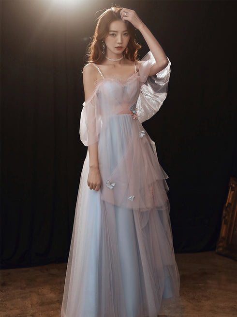 Beautiful Blue and Pink Tulle Long Formal Dress Party Dress, A-line Cute Evening Gown