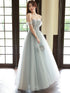 Sliver Grey Tulle Beaded Straps Long Party Dress, Grey Tulle Formal Dress