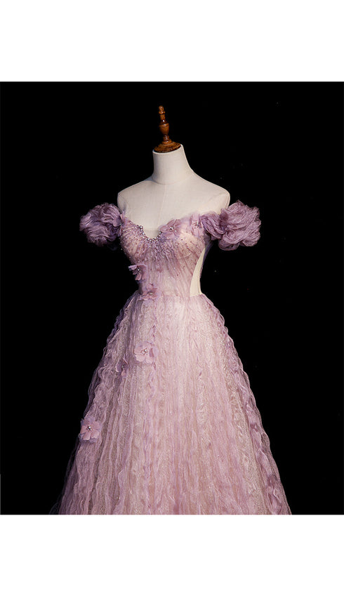 Pink Tulle Long Off Shoulder Party Dress with Flowers, Pink Evening Dress Prom Dress