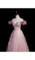 Pink Tulle Long Off Shoulder Party Dress with Flowers, Pink Evening Dress Prom Dress
