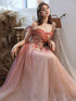 Gradient Pink Off Shoulder A-line with Flowers Prom Dress, Pink Long Formal Dress