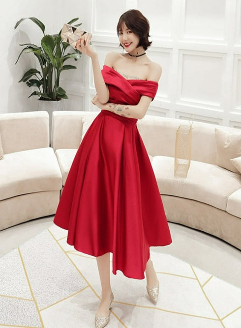 Red Satin Off Shoulder Lace-up Homecoming Dress, Red Formal Dress Prom Dress