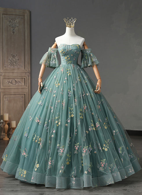 Green Floral Off Shoulder Scoop Long Formal Dress, Floral Prom Dress