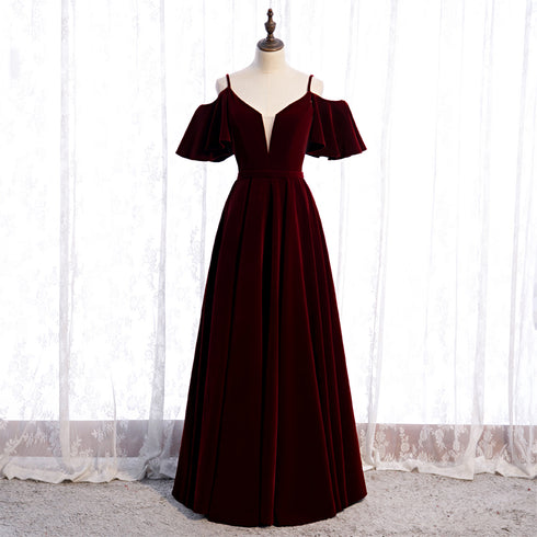 Beautiful Wine Red Velvet Off Shoulder Floor Length Party Dress, Velvet Junior Prom Dress