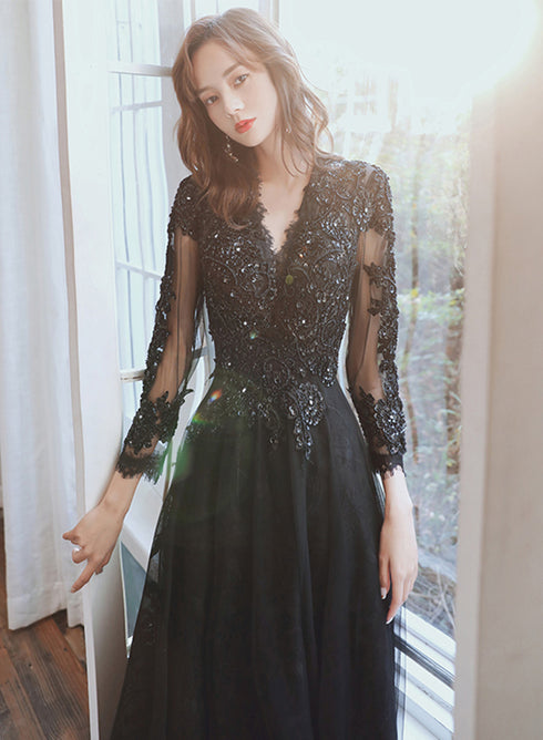 Black Long Sleeves V-neckline Tulle with Lace Party Dress, Black Evening Party Dress