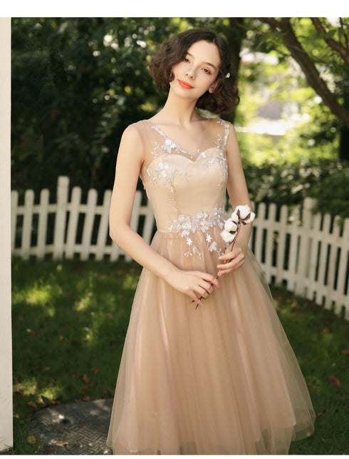 Lovely Champagne Tea Length Tulle with Lace Bridesmaid Dress, Cute Homecoming Dress Prom Dress